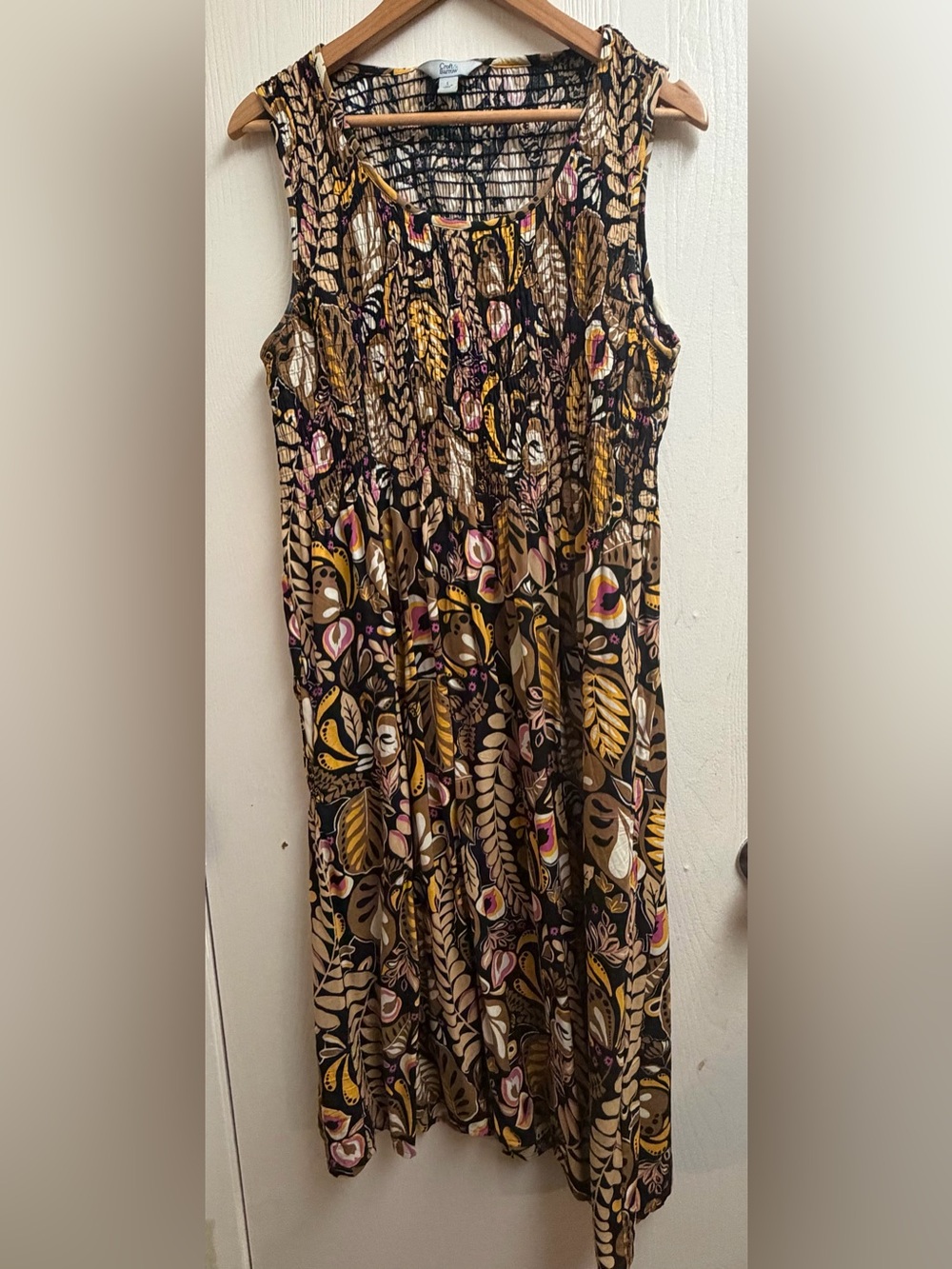 Croft & Barrow Leaf Print Smocked Sleeveless Pocket Dress Size Large Boho